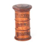 A MID 19TH CENTURY SYCAMORE THREE TIER SPICE CANISTER with turned screw sections for Cloves,