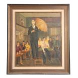 A 20TH CENTURY OIL ON BOARD of Eamon de Valera speaking