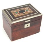 A 19TH CENTURY CONTINENTAL INLAID SILVER ROSEWOOD JEWELLERY BOX with Pietra Dura inlaid panel to the