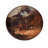 A 19TH CENTURY SLATE CIRCULAR TABLETOP fully painted with a highland scene, figures, horse and