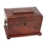 A 19TH CENTURY SARCOPHAGUS SHAPED YEWWOOD TEA CADDY with angled hinged lid revealing two lidded