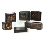 A SELECTION OF SIX 19TH CENTURY ORIENTAL BLACK LACQUER AND CHINOISERIE BOXES including a TEA CADDY