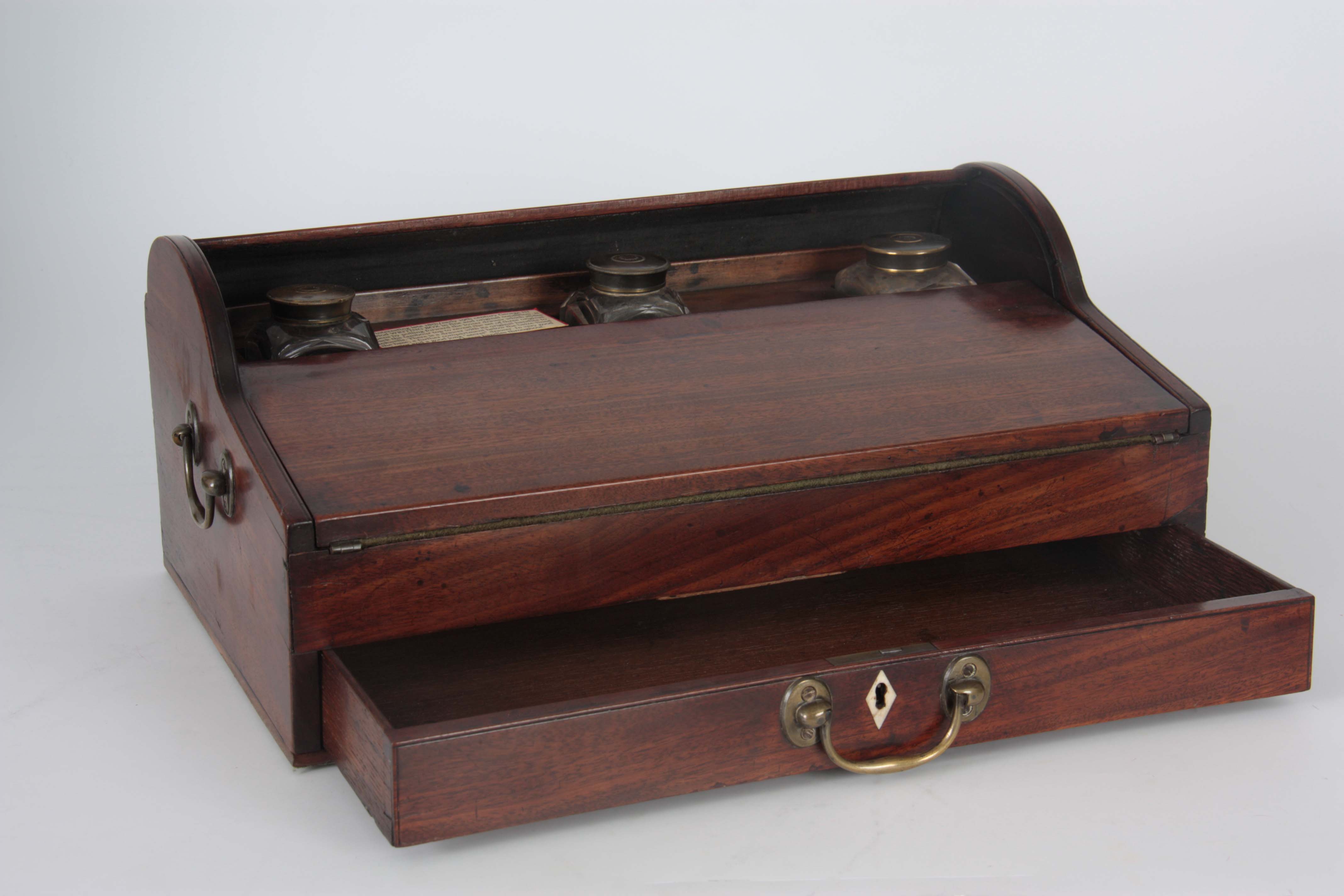 A GEORGE III MAHOGANY TAMBOUR PULL OUT WRITING BOX with pull forward drawer revealing the tambour - Image 5 of 12