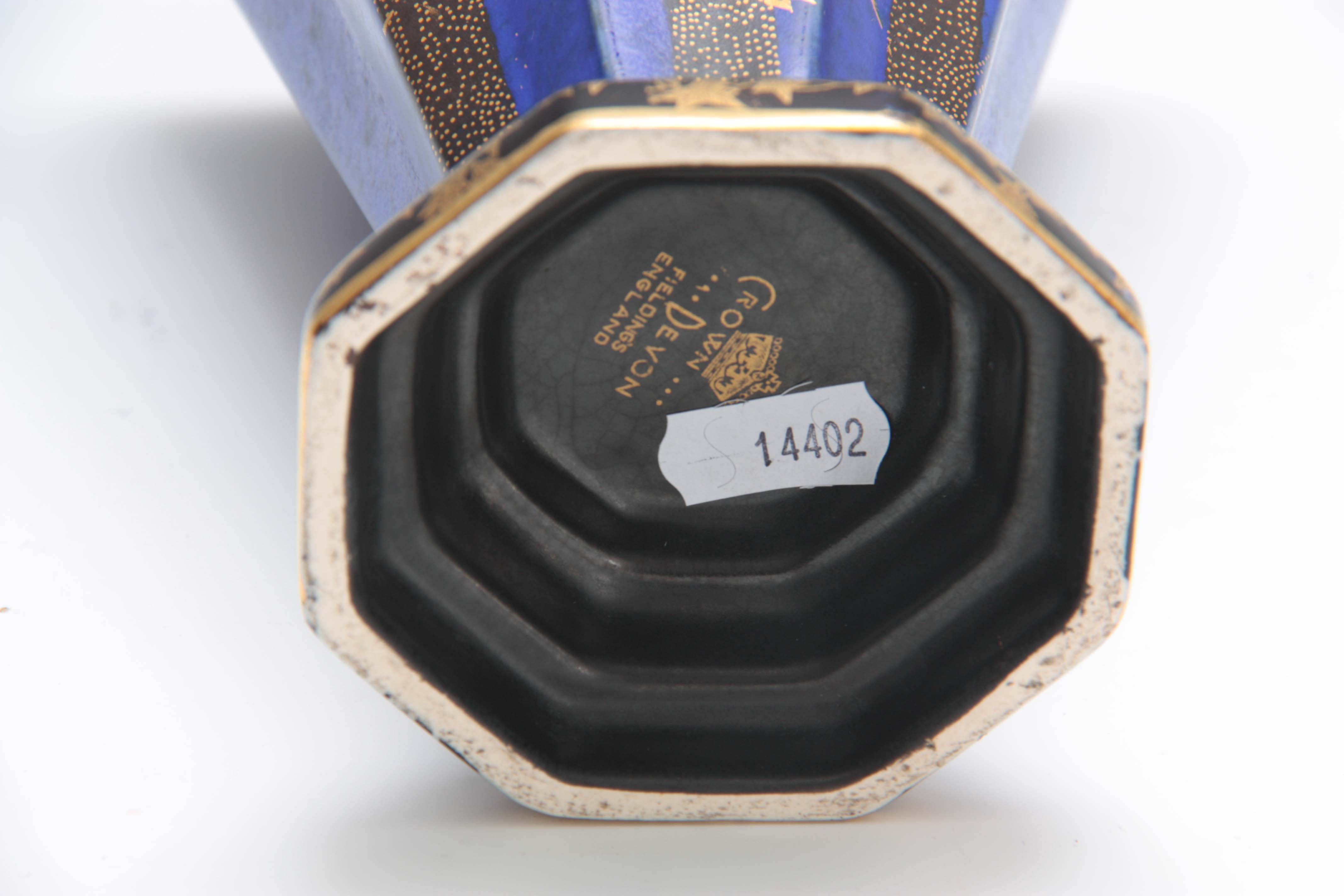 A CROWN DEVON FIELDINGS FLARED FOOTED VASE of octagonal panelled form, royal blue and black ground - Image 5 of 5