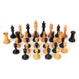 A LATE 19TH CENTURY STAUNTON FH AYRES LONDON 3.5" WEIGHTED BOXWOOD AND EBONY CHESS SET contained wi