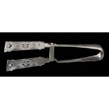 A PAIR OF VICTORIAN SILVER ASPARAGUS TONGS with pierced bright cut decoration 19.5cm overall, app.