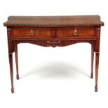 AN EDWARDIAN SERPENTINE FRONTED MAHOGANY CANTEEN TABLE with ebony crossbanding to the two felt