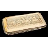 A LATE 19th CENTURY CARVED IVORY CIGAR BOX depicting a fox hunting scene with horseman and hounds in