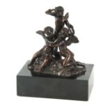 A 19TH CENTURY BRONZE SCULPTURE OF THREE CHUERBS mounted on a black slate base 15cm wide 9.5cm