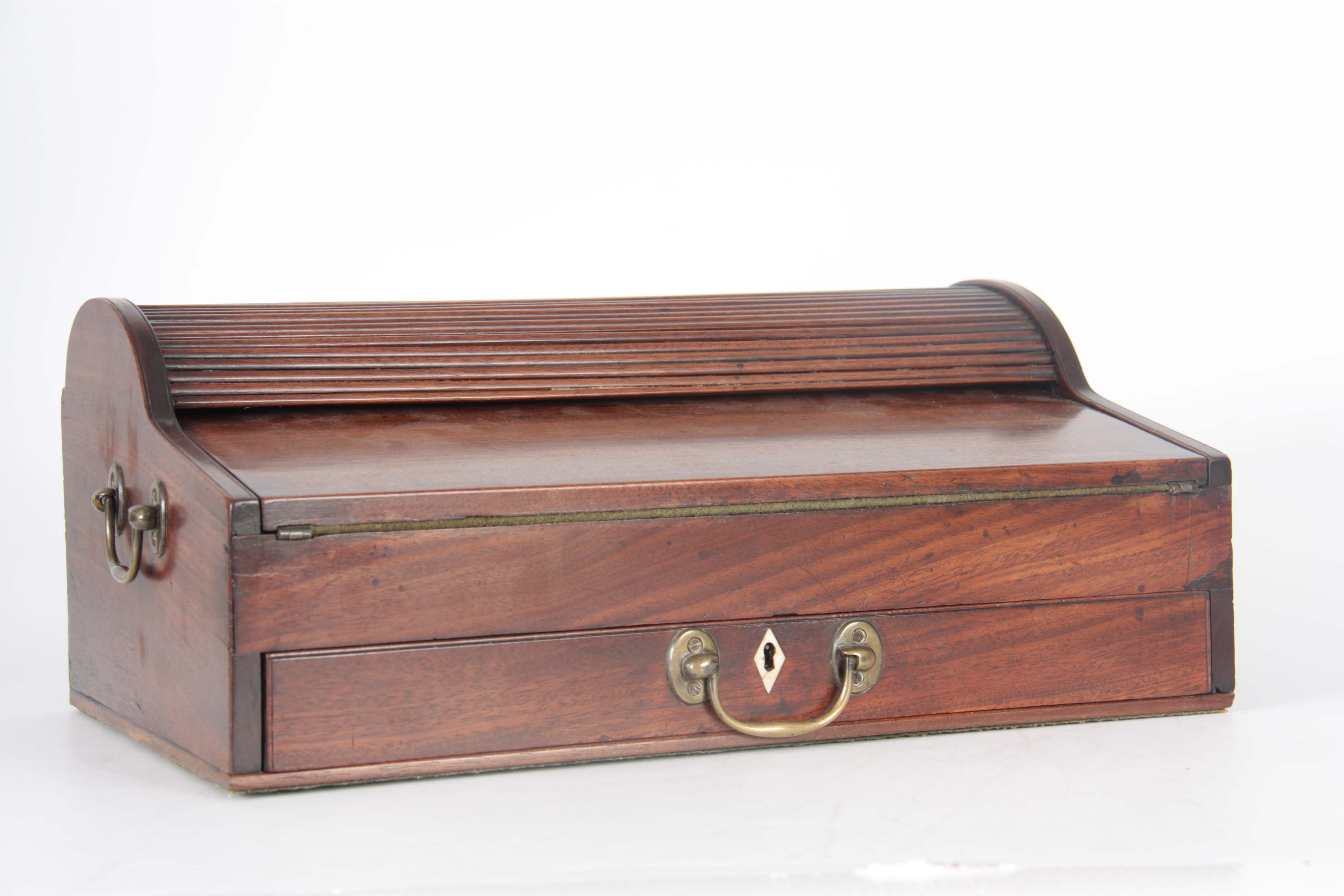 A GEORGE III MAHOGANY TAMBOUR PULL OUT WRITING BOX with pull forward drawer revealing the tambour - Image 4 of 12