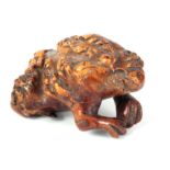 A JAPANESE MEIJI PERIOD BURR WOOD OKIMONO formed as a toad 5cm high, 8.5cm long