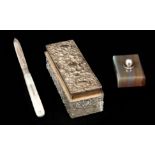 A COLLECTION OF THREE SILVER ITEMS comprising a silver and agate paperweight 50mm wide, a silver