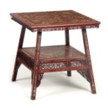 A 19TH CENTURY IVORY INLAID CHINESE HARDWOOD OCCASIONAL TABLE the square top inlaid with village