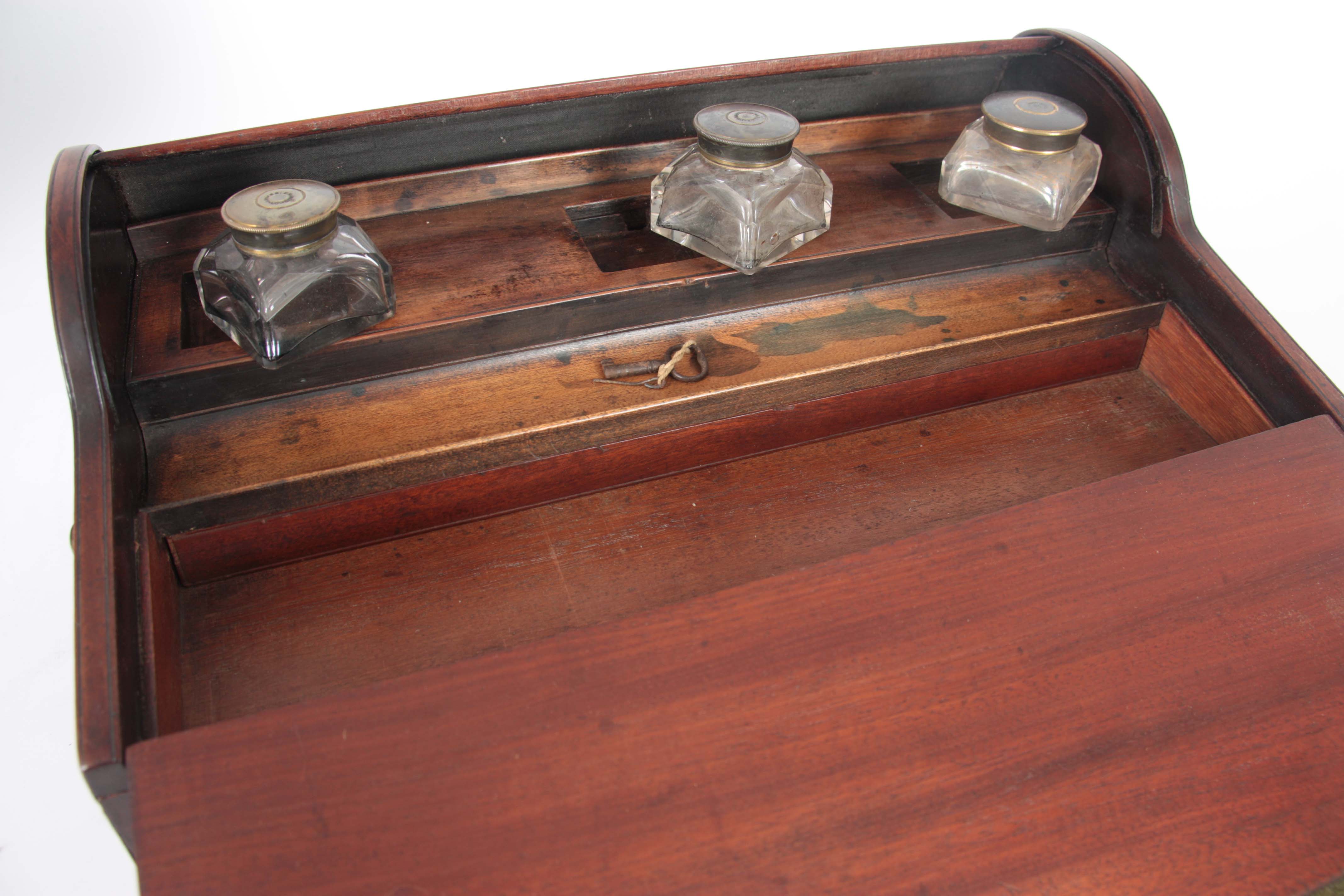 A GEORGE III MAHOGANY TAMBOUR PULL OUT WRITING BOX with pull forward drawer revealing the tambour - Image 9 of 12
