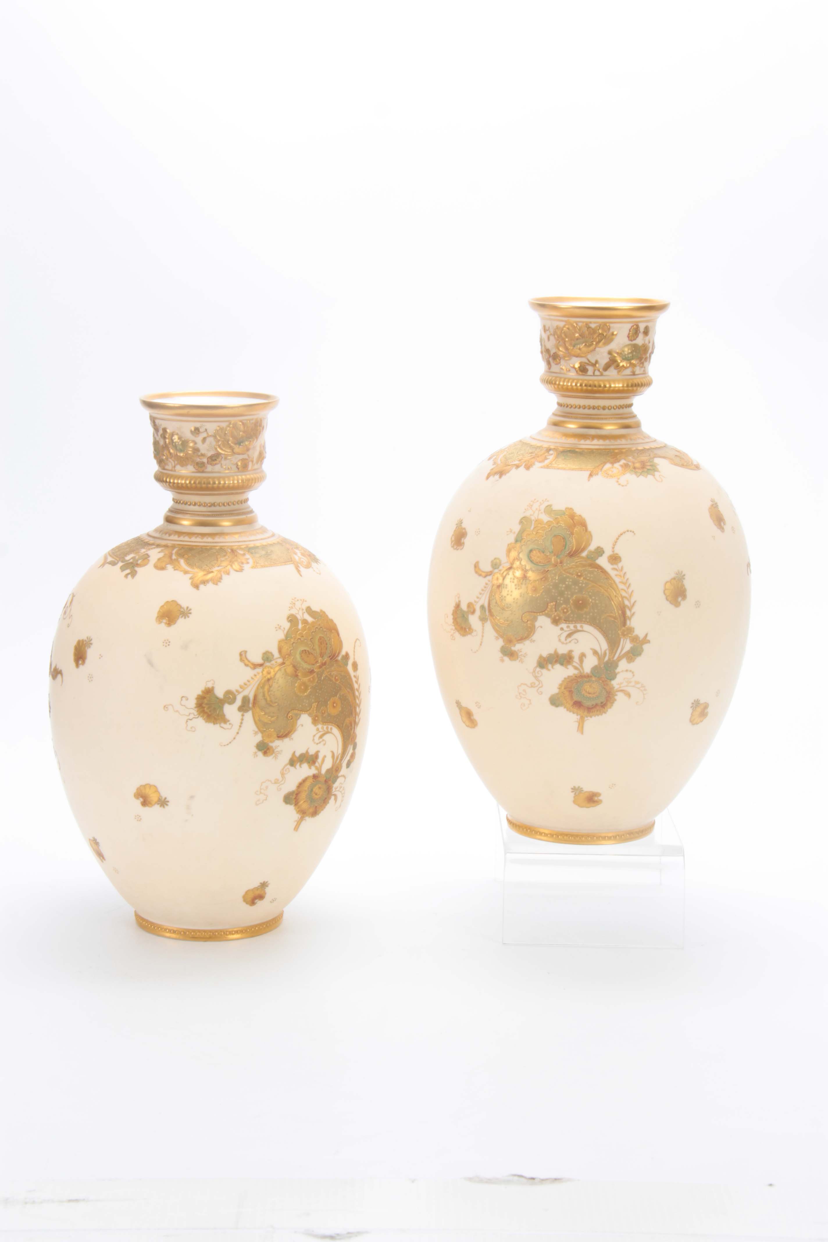 A PAIR OF ROYAL CROWN DERBY LARGE BLUSHED IVORY CABINET VASES with gilt edged flower head moulded - Image 8 of 10