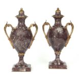 A FINE PAIR OF FRENCH VEINED MARBLE ORMOLU MOUNTED CASOLETTES of bulbous shape with branchwork