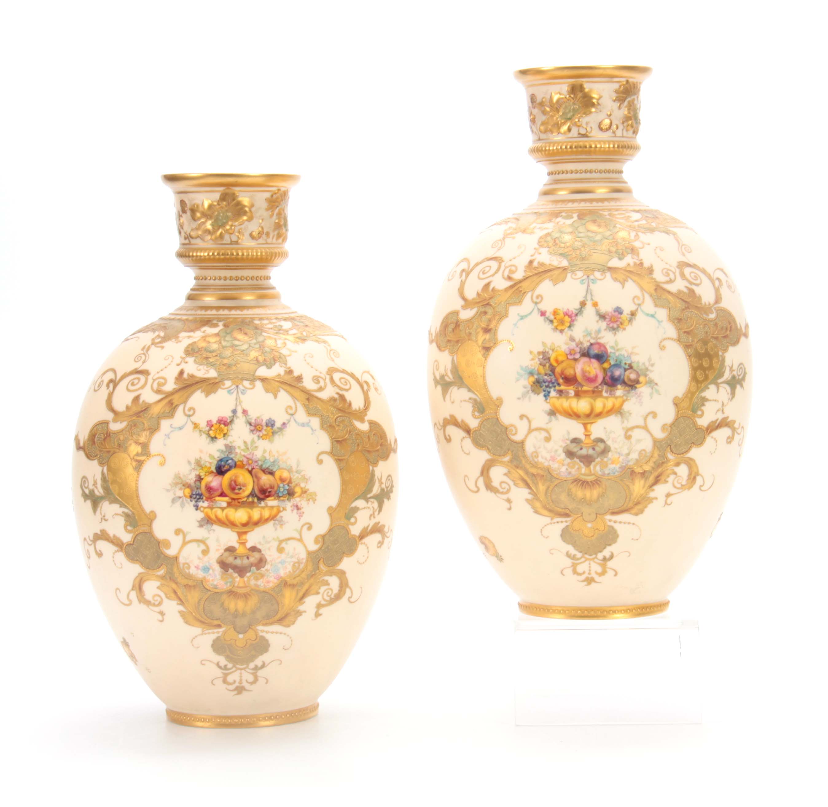 A PAIR OF ROYAL CROWN DERBY LARGE BLUSHED IVORY CABINET VASES with gilt edged flower head moulded