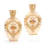 A PAIR OF ROYAL CROWN DERBY LARGE BLUSHED IVORY CABINET VASES with gilt edged flower head moulded