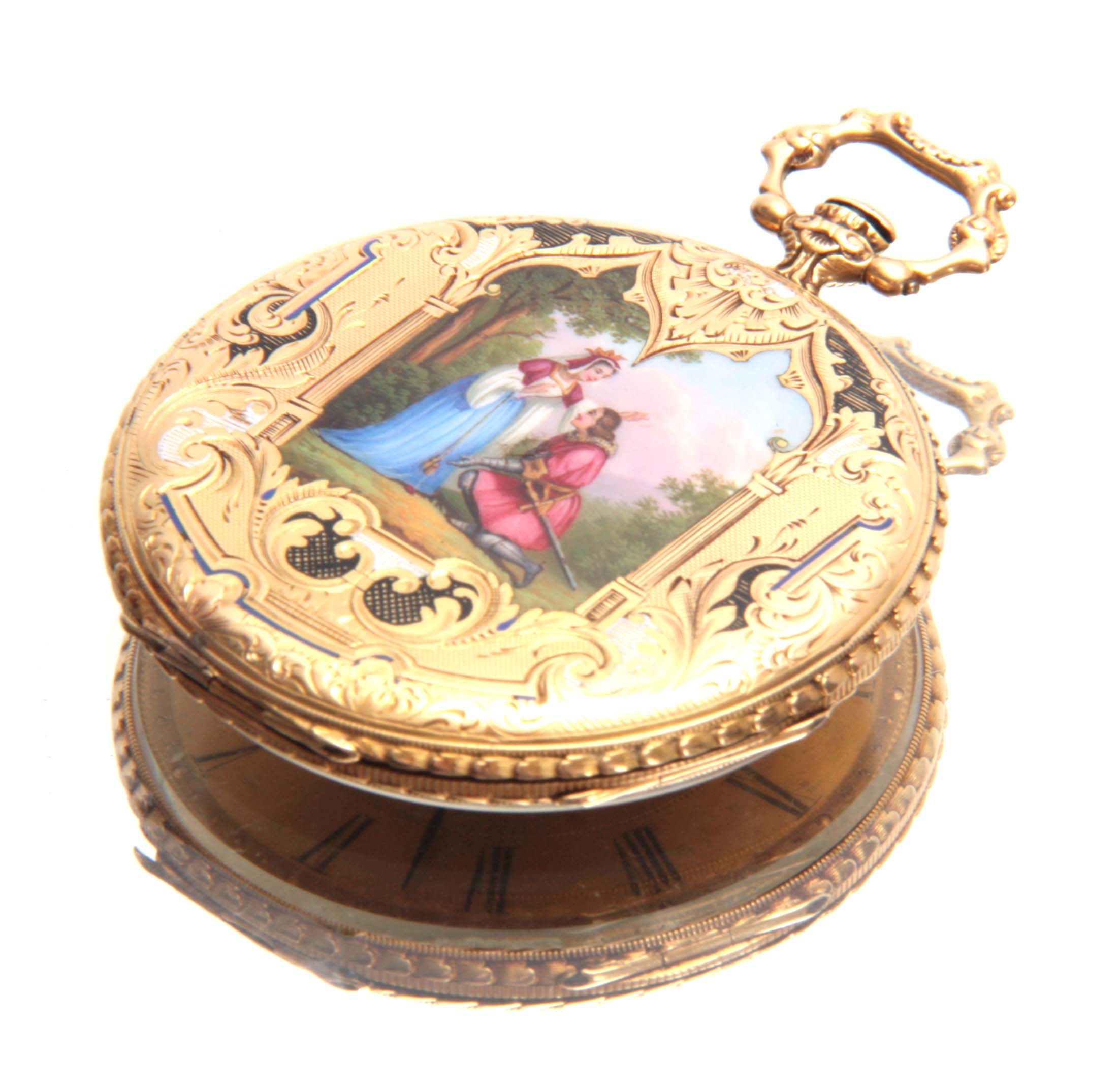 ROBIN, A PARIS. A LATE 19TH CENTURY 18CT GOLD AND ENAMEL POCKET WATCH the outer case back finely