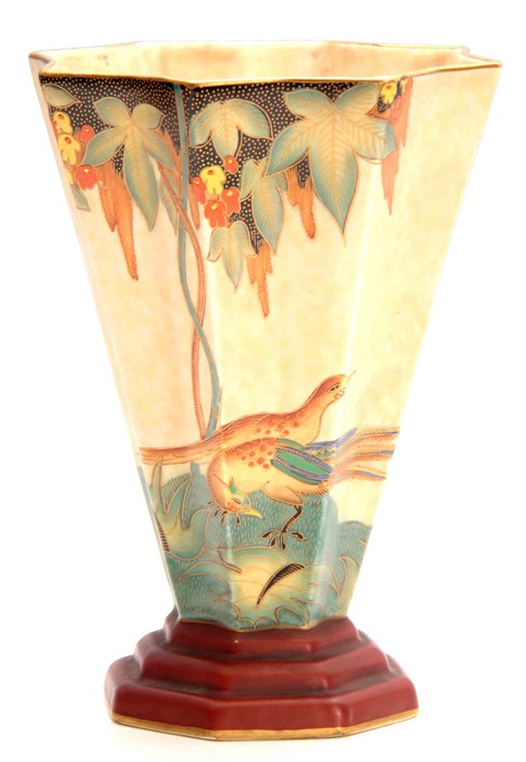 A CROWN DEVON FLARED STEPPED FOOTED VASE decorated Oriental bird and draping flowering leaf work - Image 2 of 4