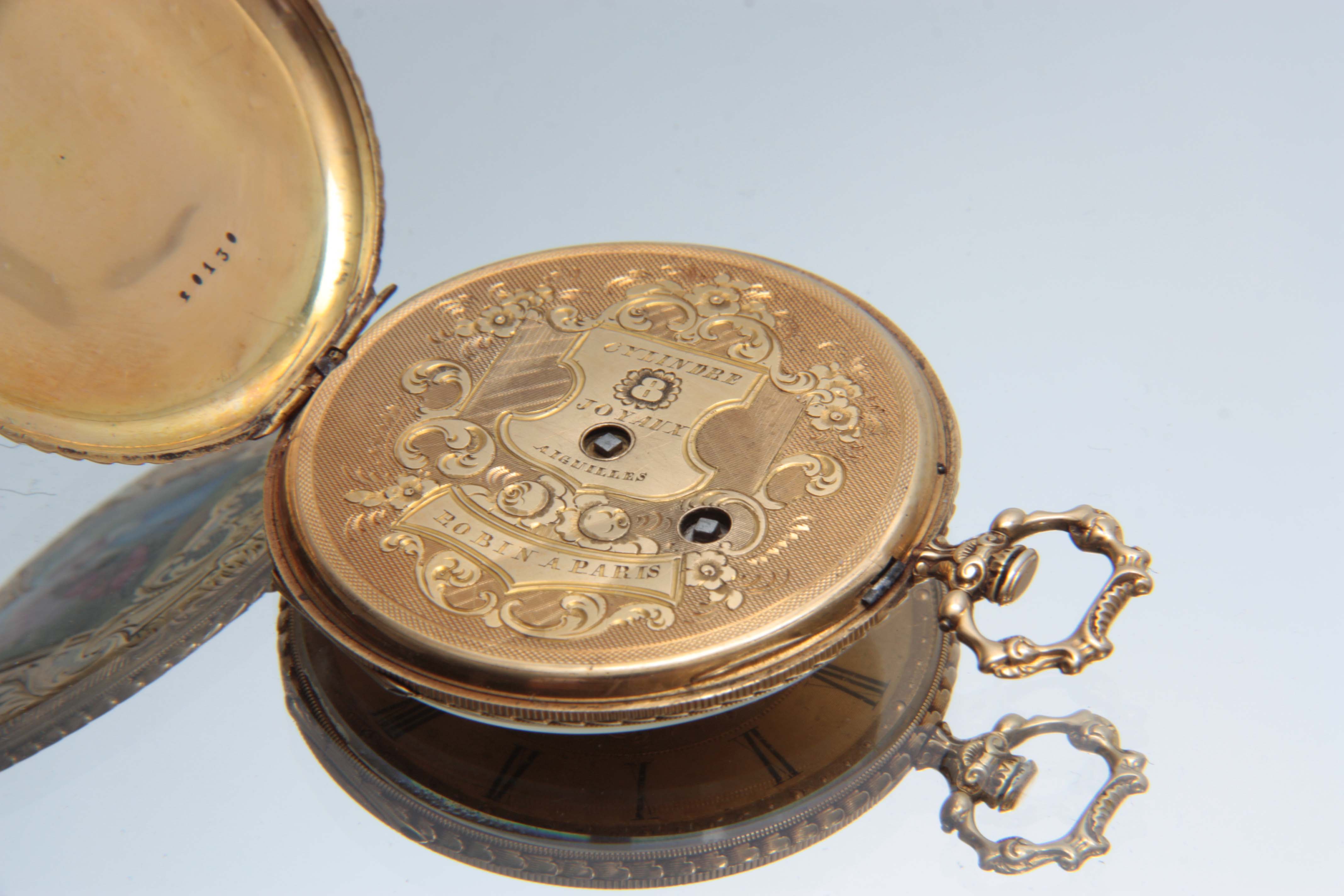 ROBIN, A PARIS. A LATE 19TH CENTURY 18CT GOLD AND ENAMEL POCKET WATCH the outer case back finely - Image 5 of 6