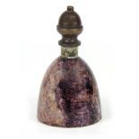AN UNUSUAL 19TH CENTURY BLUE JOHN PAPERWEIGHT of bell shape with patinated bronze acorn finial
