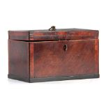 A GEORGE III CROSSBANDED AND CHEQUER BAND STRUNG FIGURED MAHOGANY TEA CADDY with ebony banded foot