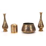 A COLLECTION OF 19TH CENTURY ISLAMIC BRASS MIXED METAL ITEMS comprising a jardiniere 15.5cm