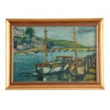 JAMES LAWRENCE ISHAWOOD 1917 - 1989. OIL ON CANVAS Port scene of Looe in Cornwall 29.5cm high,