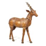 A LARGE 19TH CENTURY INDIAN PAINTED CARVED WOOD MODEL OF A BLACKBUCK / ANTELOPE the removable head