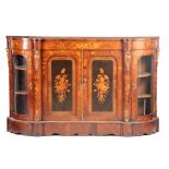 A 19TH CENTURY FLORAL MARQUETRY FIGURED WALNUT FOUR-DOOR SIDE CABINET with a pair of central