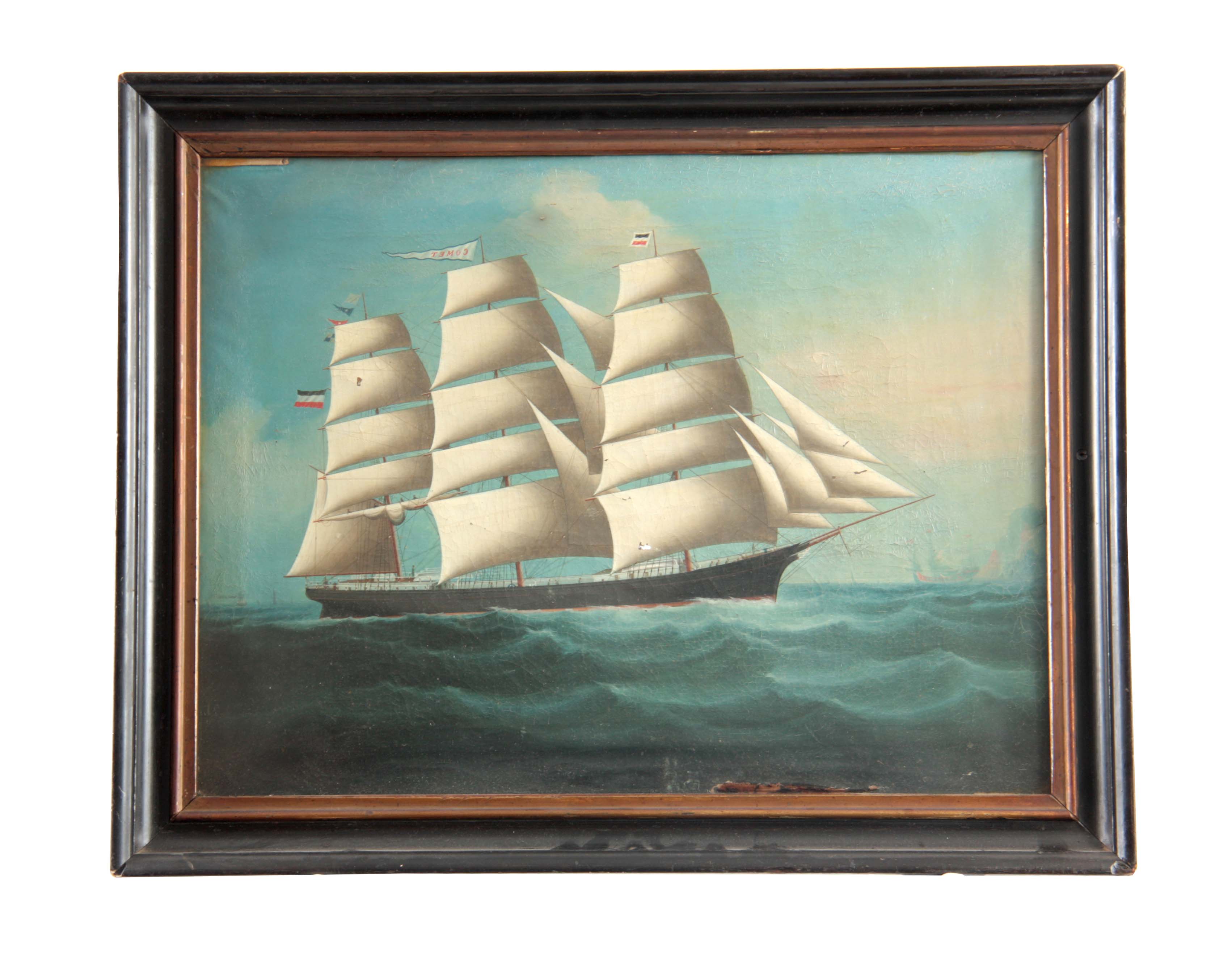 A MID 19TH CENTURY CHINESE TRADE SHIP PORTRAIT of the Comet sailing into Hong Kong 44cm high, 58cm