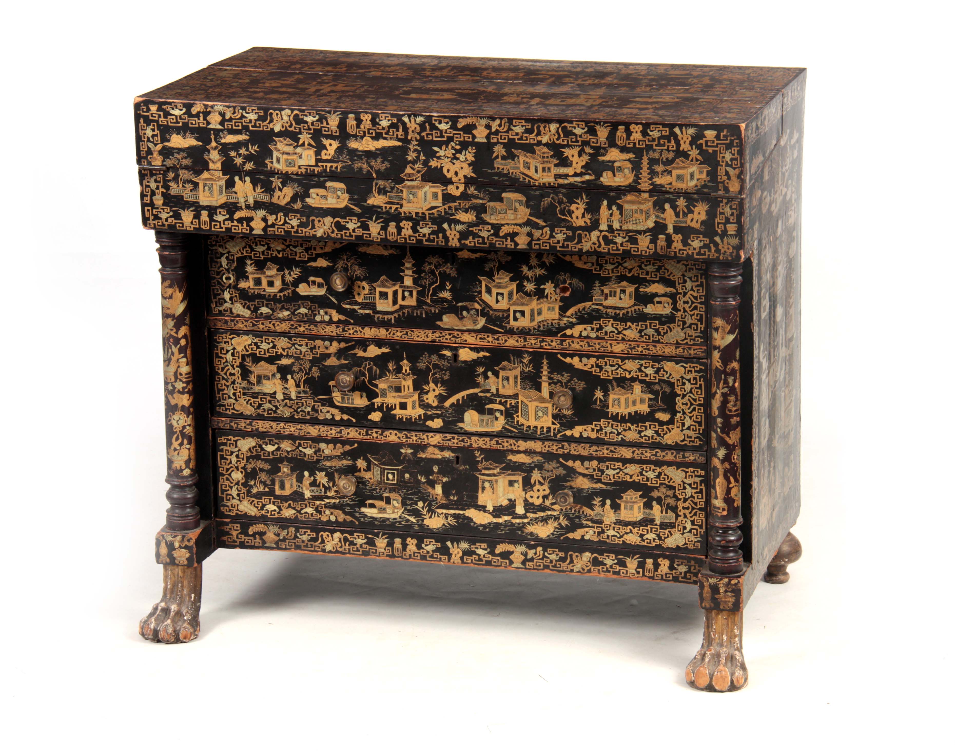 AN UNUSUAL 19TH CENTURY ANGLO CHINESE LACQUERED SECRETAIRE CHEST decorated with pagodas and