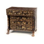 AN UNUSUAL 19TH CENTURY ANGLO CHINESE LACQUERED SECRETAIRE CHEST decorated with pagodas and