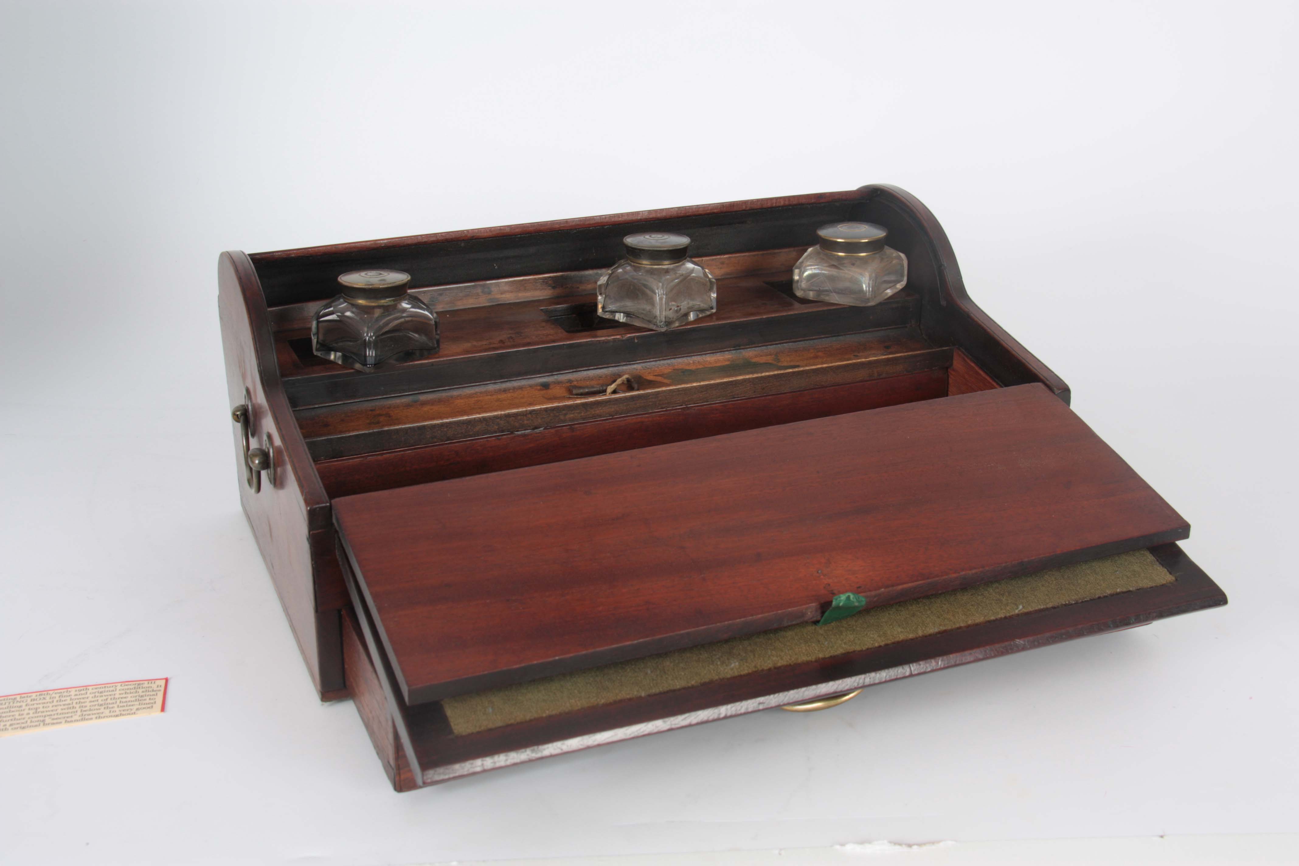 A GEORGE III MAHOGANY TAMBOUR PULL OUT WRITING BOX with pull forward drawer revealing the tambour - Image 8 of 12