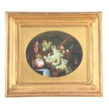A 19th CENTURY DERBY STYLE ENGLISH PORCELAIN OVAL PLAQUE finely painted with designs of fruit and