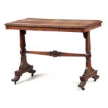 A WILLIAM IV BURR OAK LIBRARY TABLE with moulded edge top above angled end supports with roundels to