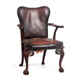 A LATE 19TH CENTURY MAHOGANY GEORGIAN STYLE IRISH OPEN ARMCHAIR with shaped leather back