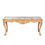 AN EARLY 19TH CENTURY FRENCH GILTWOOD SERVING TABLE with moulded edge marble top, above a finely