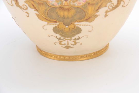 A PAIR OF ROYAL CROWN DERBY LARGE BLUSHED IVORY CABINET VASES with gilt edged flower head moulded - Image 7 of 10