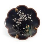 A JAPANESE CLOISONNE SCALLOP EDGED DISH finely decorated with birds amongst blossoming trees 19cm