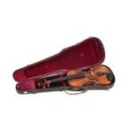 A 19TH CENTURY VIOLIN branded "Stainer" below the button - patent number 23140 length of back 36.2cm