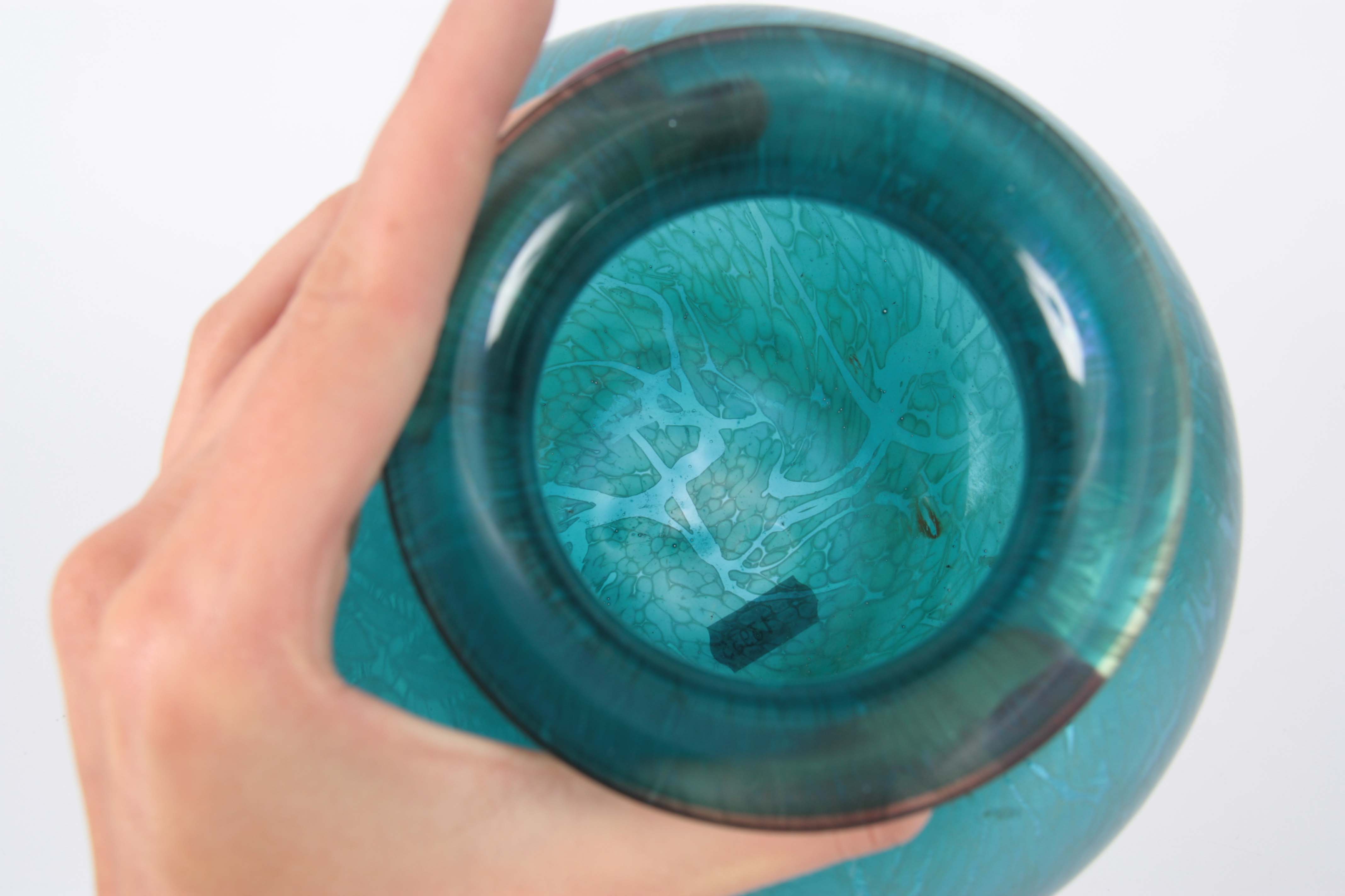A ROYAL BRIERLEY IRIDESCENT GLASS VASE etched signature to the underside 15cm high 17cm diameter. - Image 4 of 6