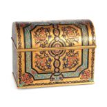 A 19TH CENTURY FRENCH GILT BRASS AND CHAMPLEVE ENAMEL DOME TOP JEWELLERY CASKET with banded and