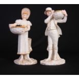 A PAIR OF LATE 19TH CENTURY ROYAL WORCESTER BLANC DE CHINE STANDING FIGURES depicting a girl and boy