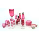 A SELECTION OF NINETEEN PIECES OF VICTORIAN AND LATER RUBY AND CRANBERRY GLASSWARE including A