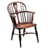 A 19TH CENTURY ASH AND ELM WINDSOR CHAIR STAMPED 'NICHOLSON, ROCKLEY' with pierced back splat and