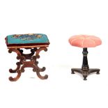 AN EARLY VICTORIAN MAHOGANY DRESSING STOOL with upholstered floral beadwork top on a carved