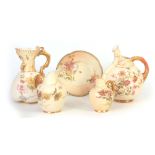 A ROYAL WORCESTER LARGE BLUSHED AND IVORY GROUND GILT CORAL HANDLED JUG with lobed body painted
