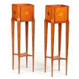 A PAIR OF FRENCH 19TH CENTURY STYLE INLAID AND BANDED SATINWOOD JARDINIERE STANDS of square canted
